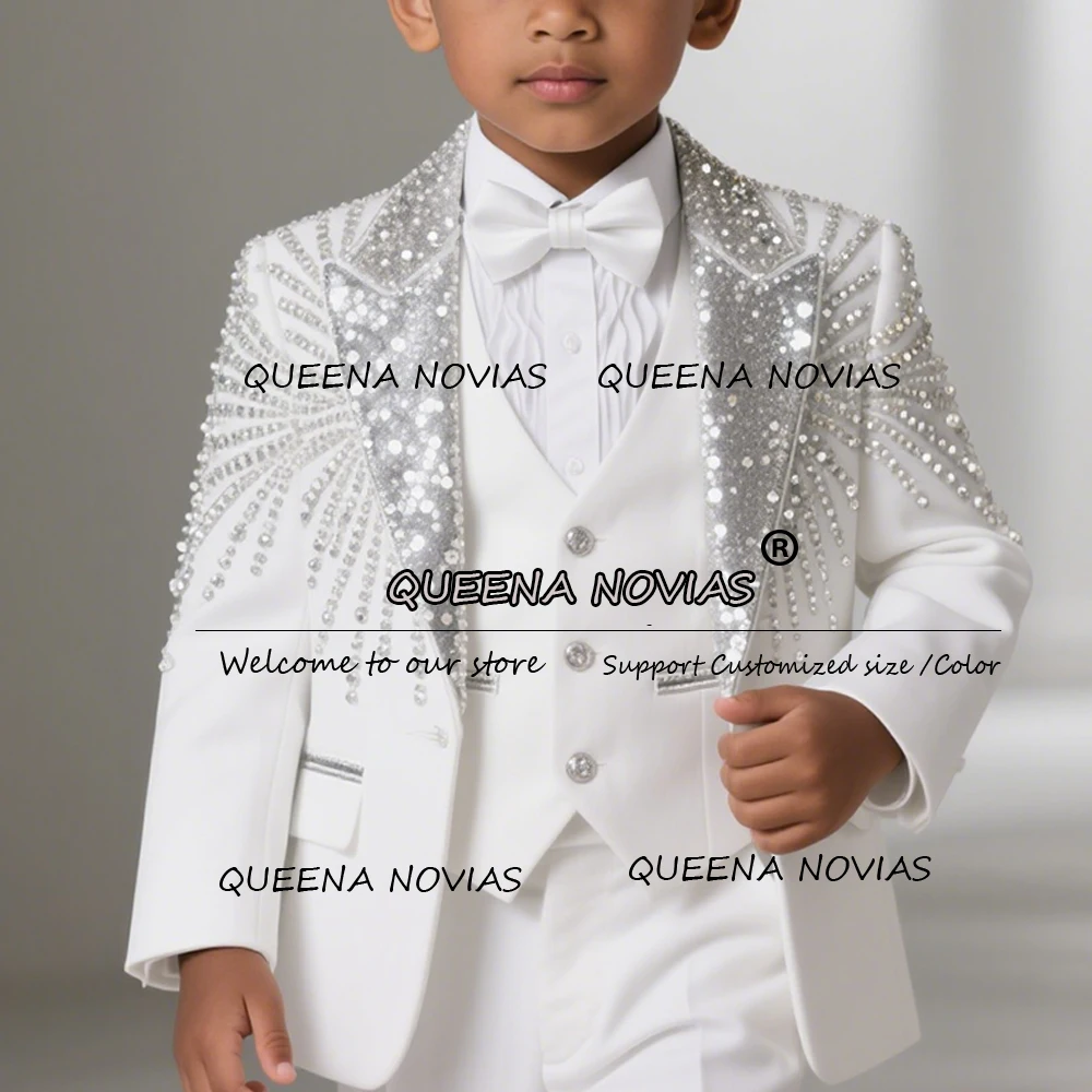 

Brilliant Metallic Crystals Peak Lapel Boy Suit 3 Pieces Sets Groom Party Blazers Customized Wedding Tuxedo Slim Fit Kids Dress