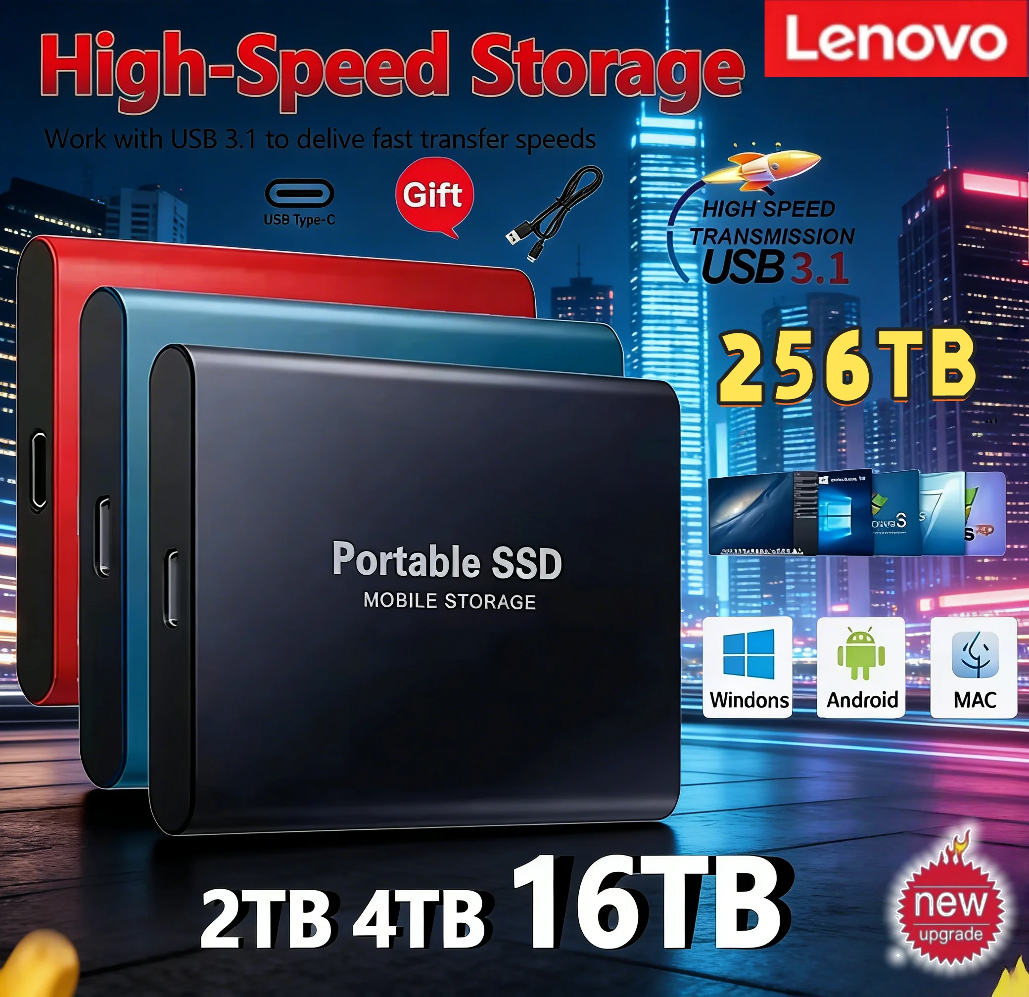 

Портативный внешний SSD-накопитель Lenovo 128 ГБ, 256 ГБ, 512 ГБ, 4 ТБ, 2 ТБ, USB 3.1, высокоскоростной твердотельный накопитель для ПК, ноутбуков, Mac, телефонов