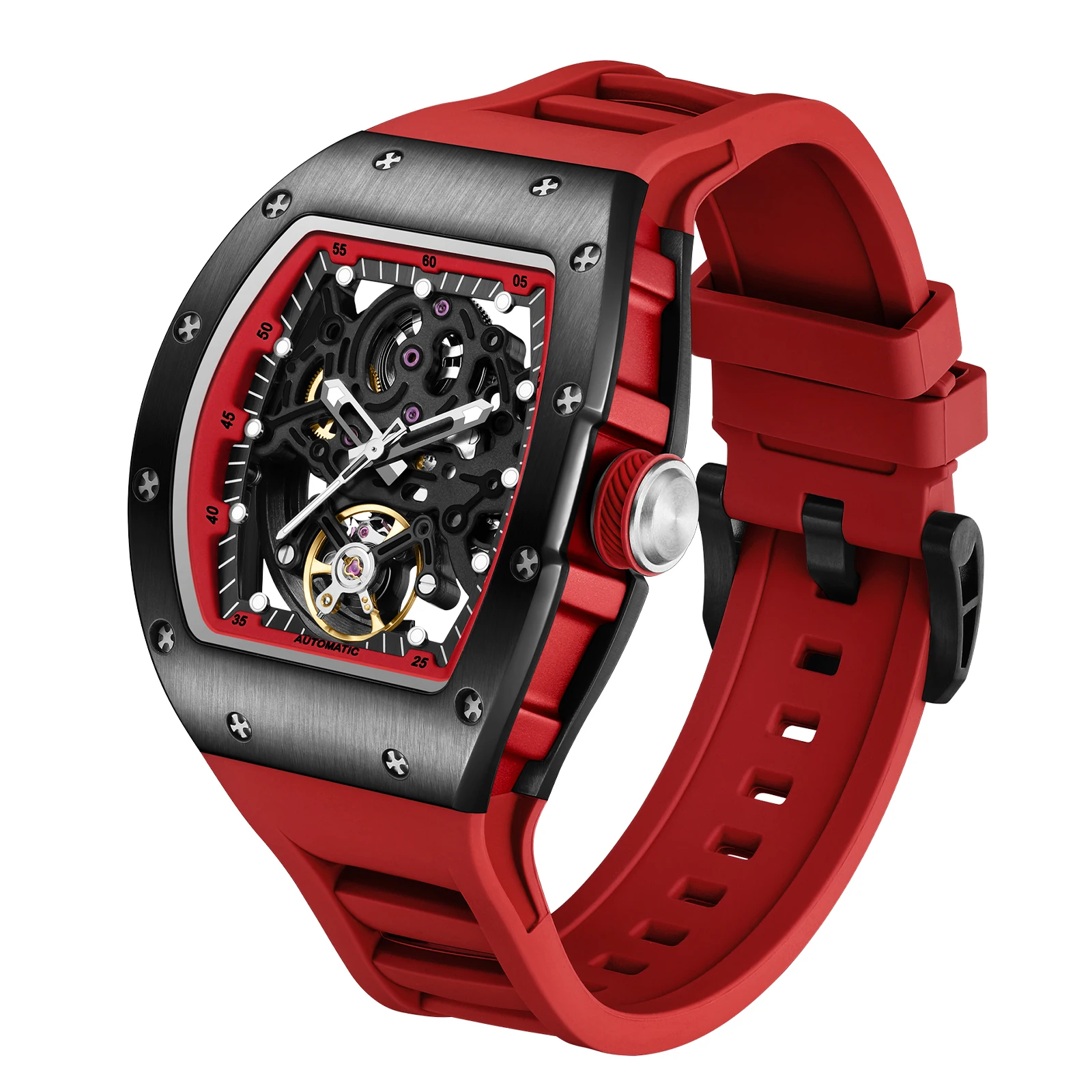 

DG High-End Waterproof Automatic Mechanical Watch with Genuine Silicone Strap And Stainless Steel Transparent Back Cover