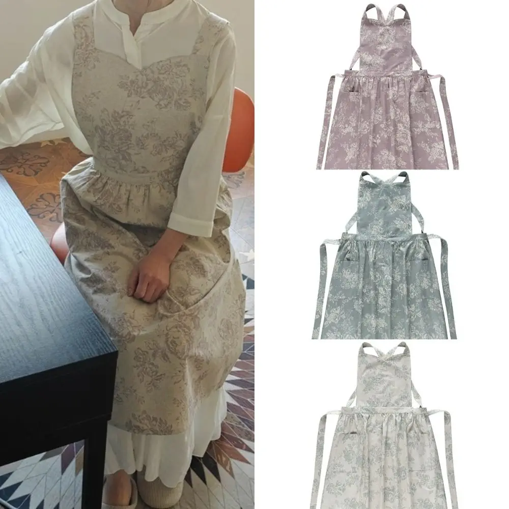 

Cotton Linen Women Aprons Flower Pattern Waterproof Sleeveless Garden Apron Oil Resistant Vintage Palace Style Working Clothes