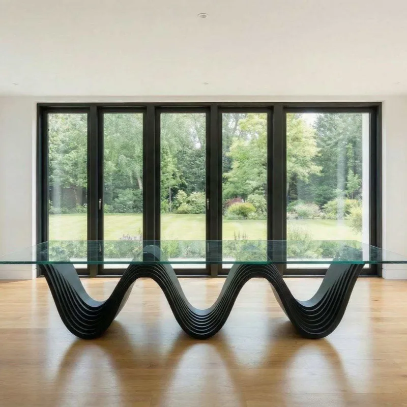 Black multi-layer wavy curved base solid wood dining table