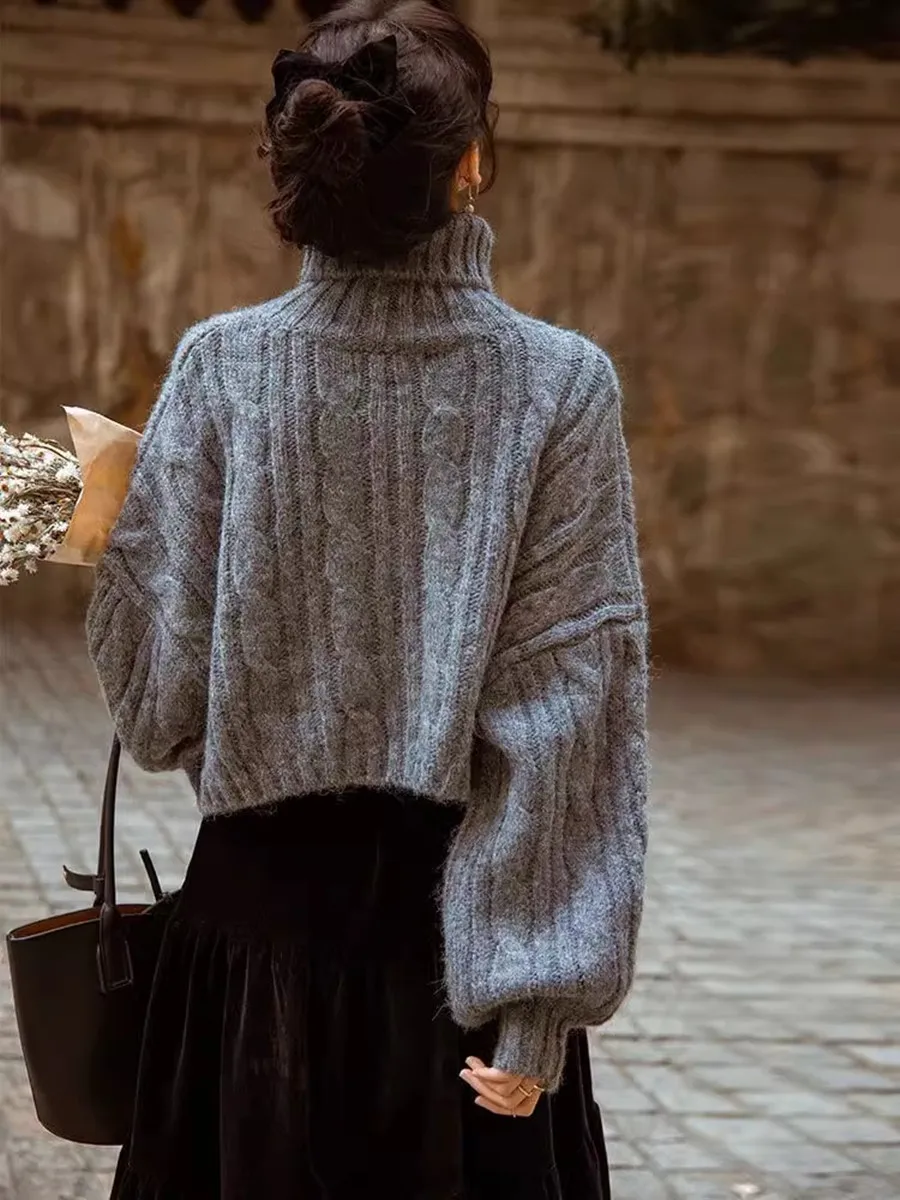 Suéter de punto con cuello alto y forro polar ueso para mujer, Top de manga larga de estilo Vintage cálido y hoado para o...