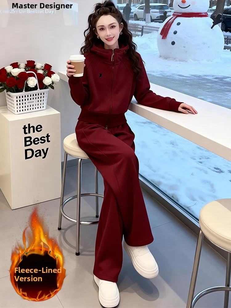 

Fashionable Casual Fleece-Lined Long Sleeve Hoodie And Wide Leg Pants Two-Piece Set for Women Spring 2026 High Waist Wide Leg...