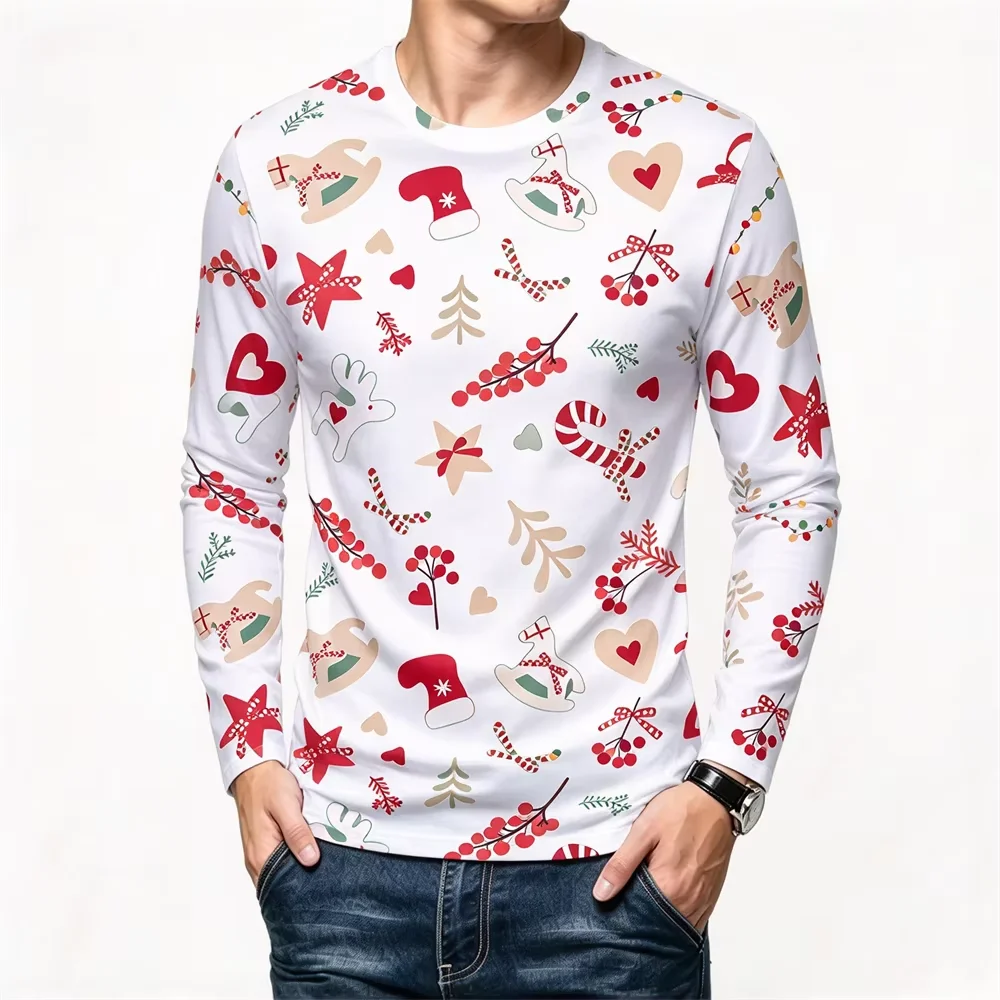 Christmas Element Gift Cup Print Long Sleeve T-Shirt Crew Neck 3D All Over Print Autumn Casual Men Streetwear