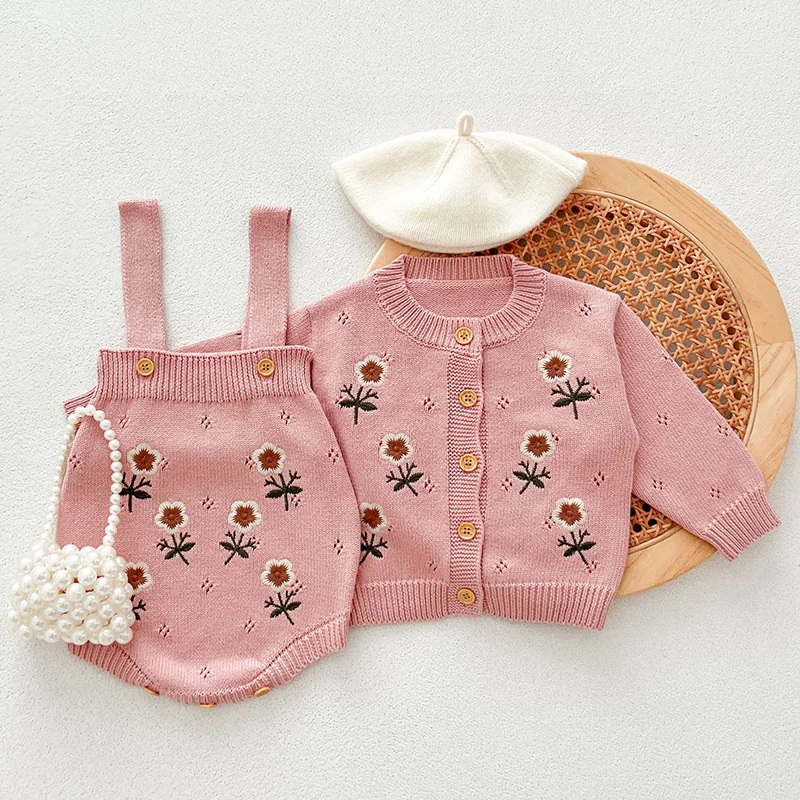 2024 New Autumn Newborn Baby Girls Clothing Set Long Sleeved Knitted Cardigan+Jumpsuit Toddler Baby Girl Knitting Clothes Suit