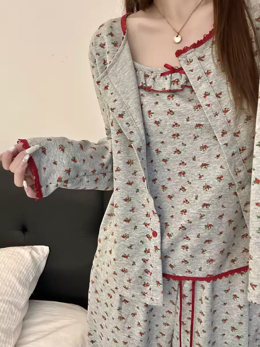 Grey Floral Long Sleeve Sleepwear Women's Spring Autumn Style Sweet Girl Strap Home Clothes Three-piece Set Comfortable Home ...