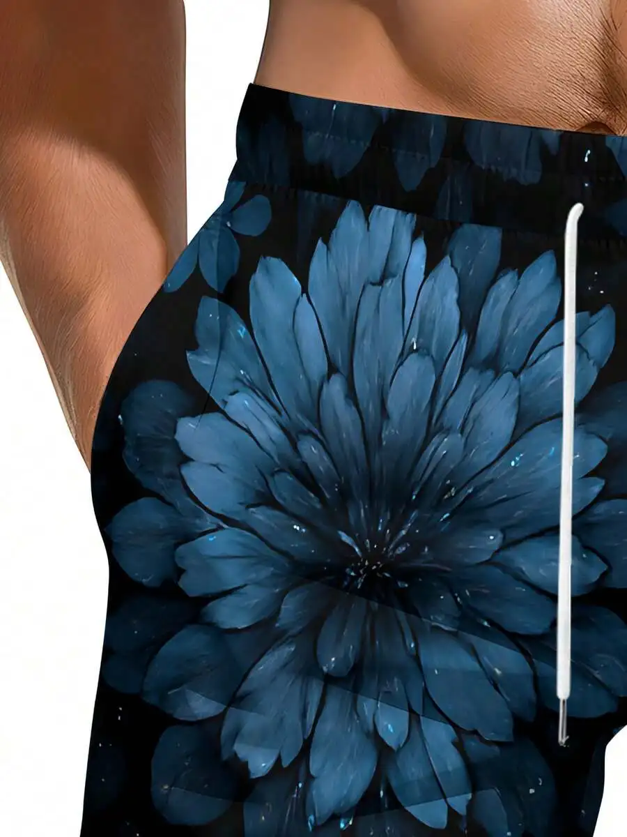

Mens Dark Blue Floral 3D Print Beach Shorts Breathable Summer Shorts
