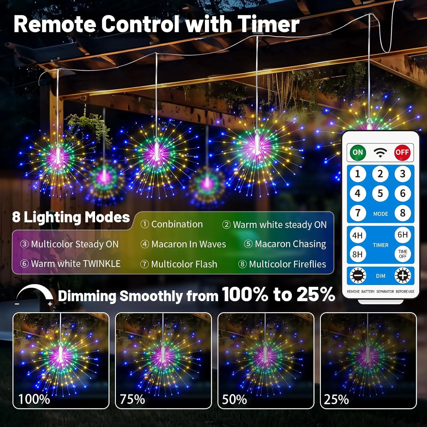 Solar Firework Lamp Waterproof  8 Modes Remote Control Outdoor Hanging Fairy Lights Copper Wire Light for Garden Christmas Decor