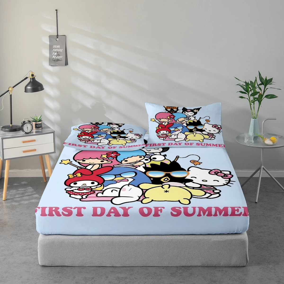 

3-Piece High-Definition Digital Print Bed Sheet Set Featuring Large Cartoon Characters Like My Melody & Hello Kitty, Includes 1 Fitted Sheet + 1/2 Pillowcase, Suitable for Bedroom, Guest Room, and Home Decoration, Polyester Fiber Fitted Sheet + Pillowcase