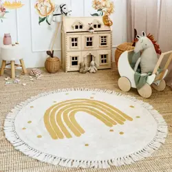 Alfombra esponjosa de arcoíris para sala de estar, alfombra de felpa blanca con borlas para dormitorio de niños, Alfombra de juego suave para guardería para niños, Babi