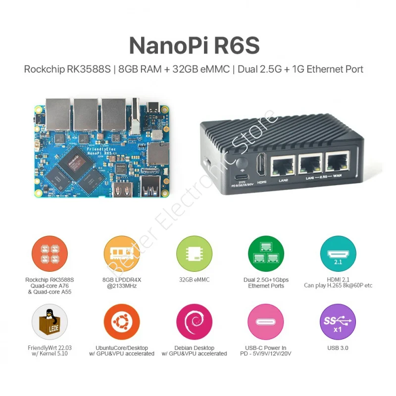 

Мини-плата разработки NanoPi R6S - RK3588 с двумя портами 2.5G + Gigabit Ethernet, 8GB ОЗУ и 32GB eMMC (Поддержка 8K60P)​