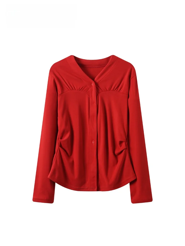 

plus Size Women's Long Sve V-Ne T-irt Casual Red Top Trendy Spring New Design Comfortable Korean Sle Cotton irt