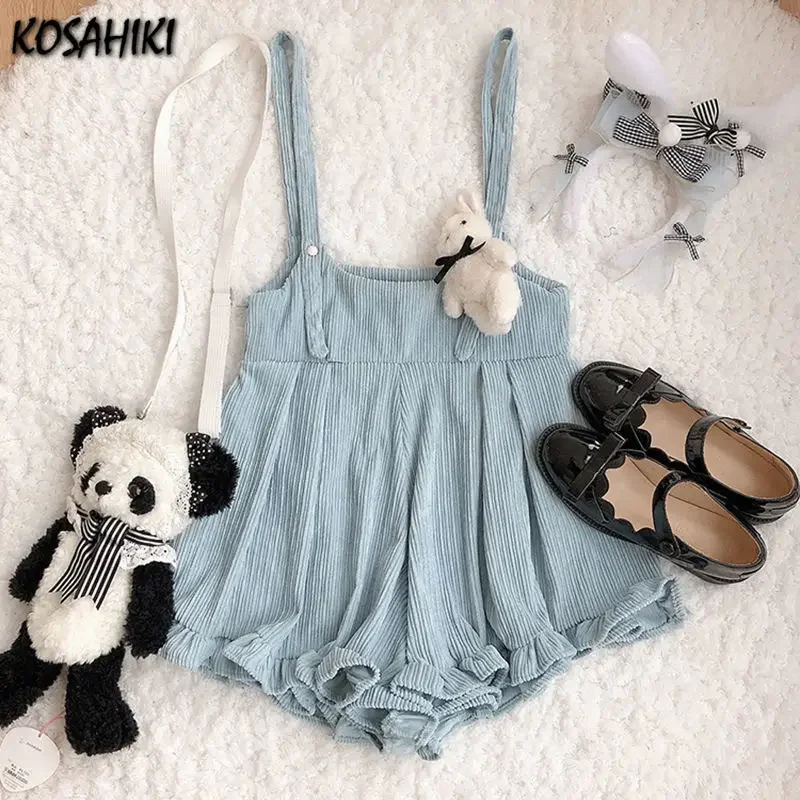 KOSAHIKI Japanese Kawaii Strap Shorts Women Corduroy Ruffle Solid Short 2024 Cute Lolita Overalls Chores Para Mujer