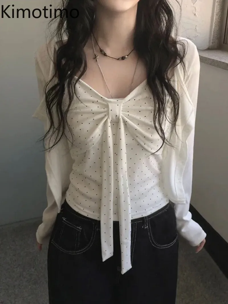 Kimotimo Korean Fashion Two Piece Sets Women Sweet Slim Fit Bow Polka Dot Camisole Vest Long Sleeve Cardigan Crop Top Y2k Suits