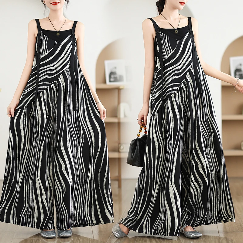 

Adjustable Wide Leg Overalls Zebra Print Casual High Waist Trousers for plus Size Women Artistic Commute Sle Summer Faion