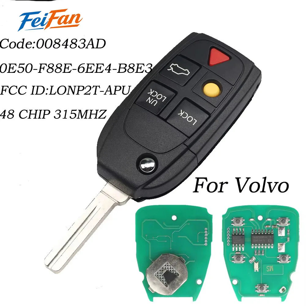 FeiFan FCC ID: LQNP2T-APU 315MHz ID48 Chip 5 Buttons Car Flip Remote Key Fob for Volvo XC70 XC90 S60 S70 S80 V70 2004-2015