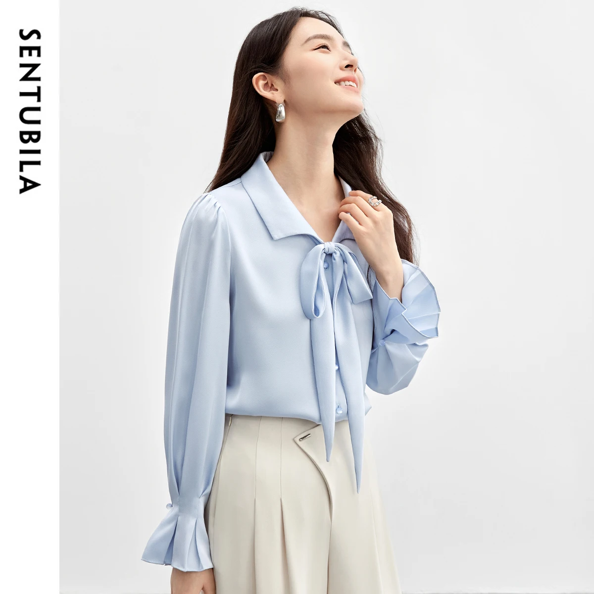 SENTUBILA Women Bow Tie Shirt 2025 Spring Fall Office Lady Petal Sleeve Satin Draped Shirts & Blouses Female Clothes 151C57896