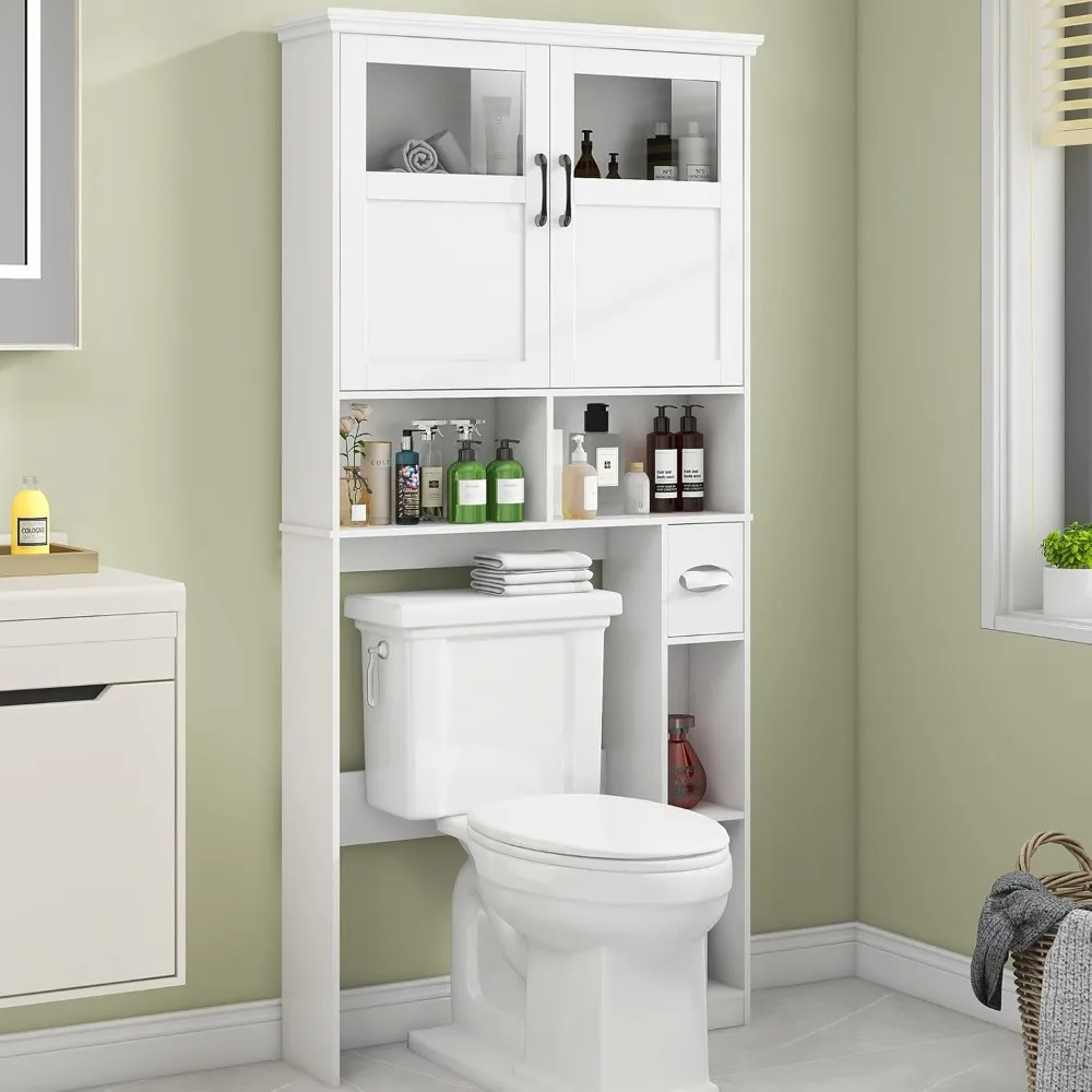 Over The Toilet Storage Cabinet with Double Doors Paper Holder Stand Freestanding Toilet Shelf Space Saver