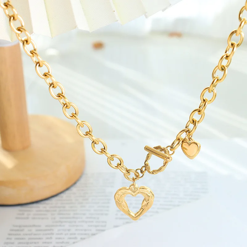 Fashion Heart Stainless Steel Women Pendant Necklaces Luxury Design OT Buckle Exaggerated Thick Chain Necklace Jewelry