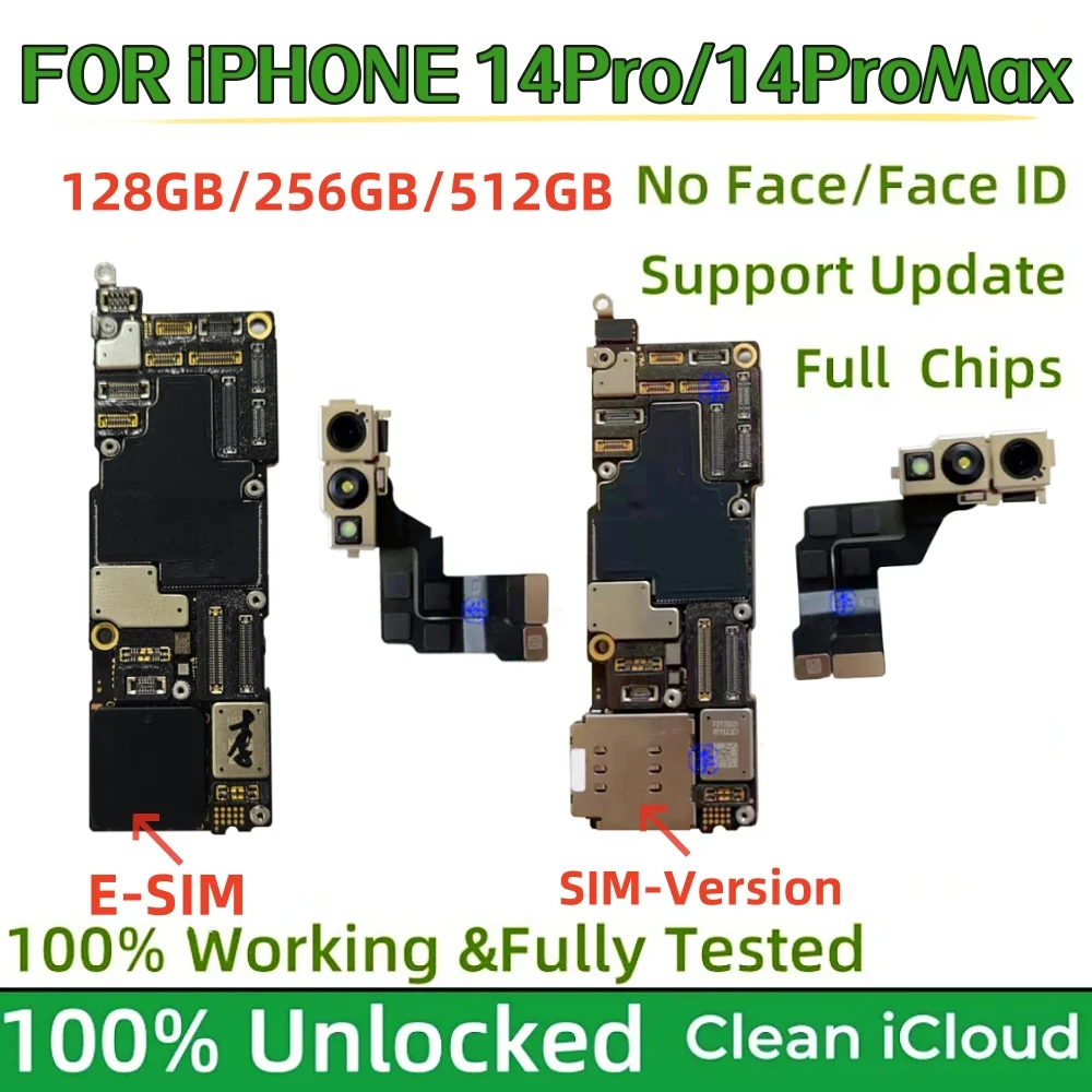 Unlocked Motherboard for iPhone 14 Pro Max, Face ID, 14 Pro, Free Clean iCloud Mainboard, Logic Board Plate, E-SIM, SIM Version