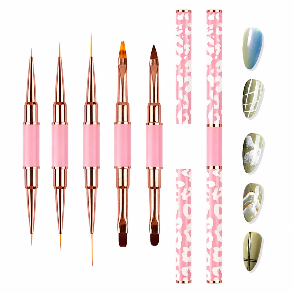 5Pcs Double Ended Nail Art Brushes Set Gel Polish Liner Painting Drawing French Ombre 3D Acrylic Builder Nail Design Tools Kit