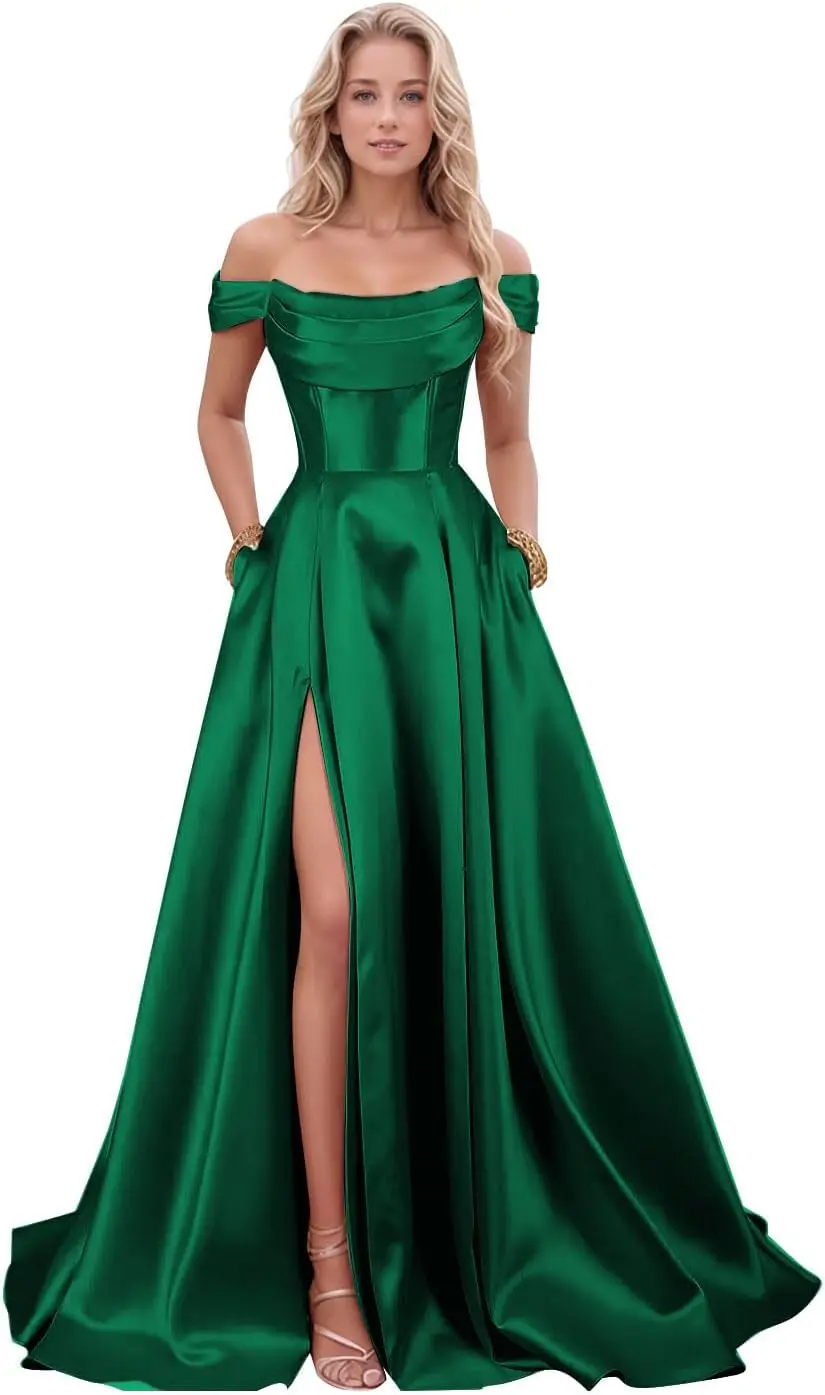 

Women's Satin Strapless Ball Dress,A-line Tight Corset Cocktail Party Gown,off Shoulder Elegant Formal Evening Gown with Pockets