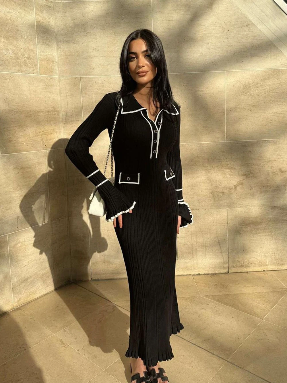 Elegant Lady Maxi Dress SLIM FIT เสื้อกันหนาวถักชุด Patchwork PARTY ออกกําลังกายผู้หญิง Robe Flare Sleeve 2025 ใหม่ในชุด