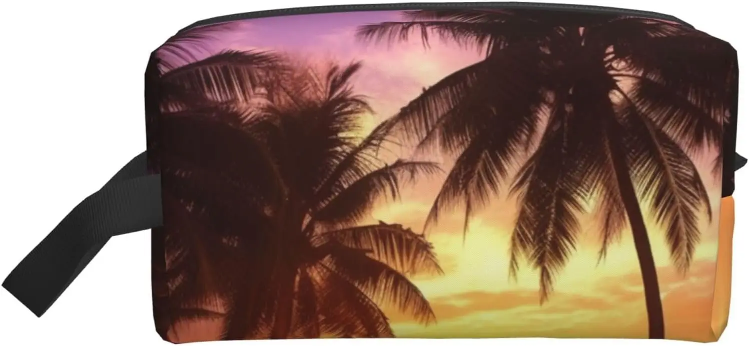 Travel Toiletry Bag for Women Men Leather Makeup Bag Large Portable Travel Organizer Palm Trees at Sunset Cosmetic Bag