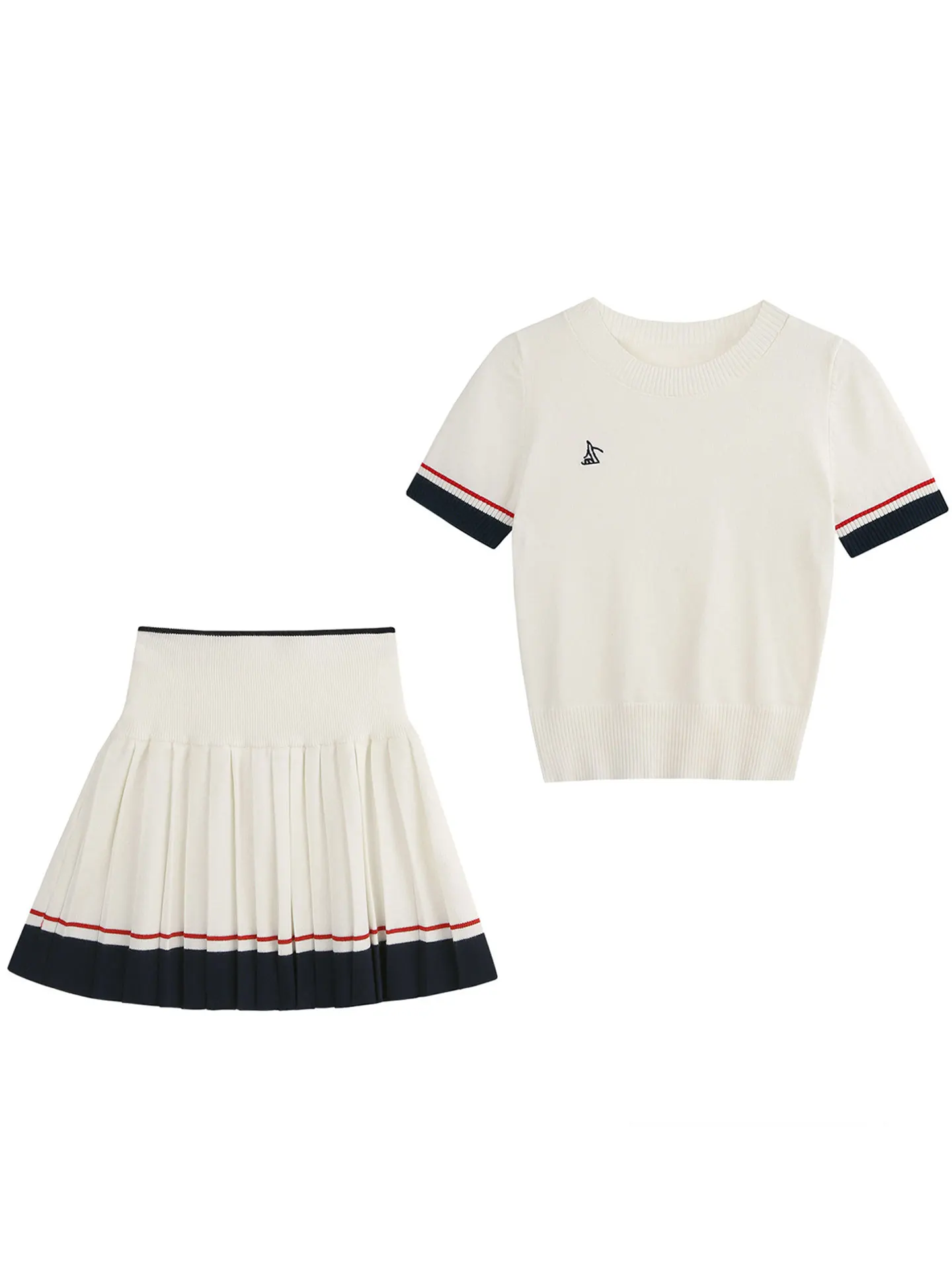 

Повседневный спортивный вязаный комплект из двух предметов: топ с коротким рукавом и короткая юбка, женский, в стиле Pure Desire, с эффектом стройности плеч, в студенческом стиле