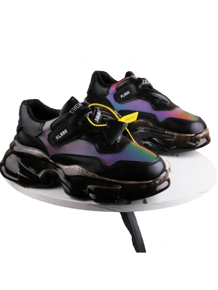 Fashion Mens Cowhide Genuine Leather Spliced Skateboard Shoes Thick Platform Outside Joggers Sneakers Casual Trainers Footwear