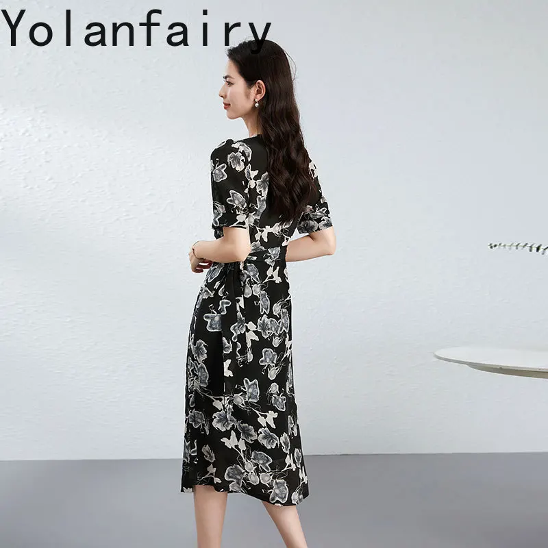 YOLANFAIRY 100% التوت الحرير فستان صيفي 2025 الكورية نمط Cinched الخصر فساتين الحفلات امرأة قصيرة الأكمام فستان أسود زهري