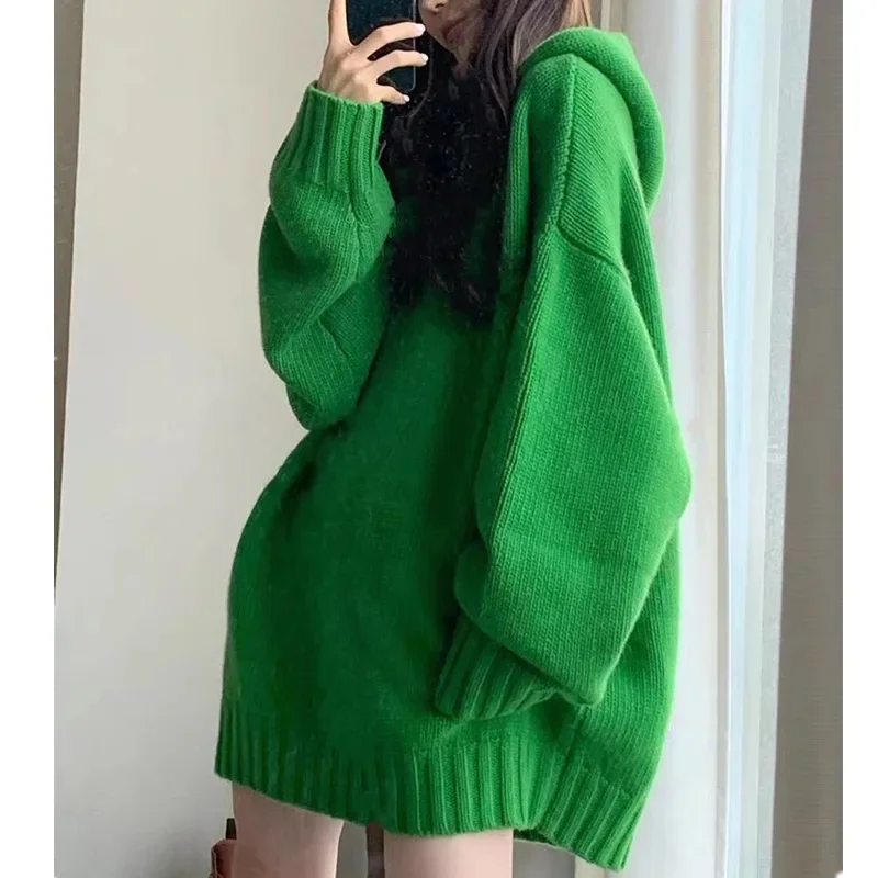 

Spliced Sweaters Long Sleeve Hooded Pullovers Solid Female Jumpers Loose Fit Slight Strech Oversize 2024 Autumn Streetwear