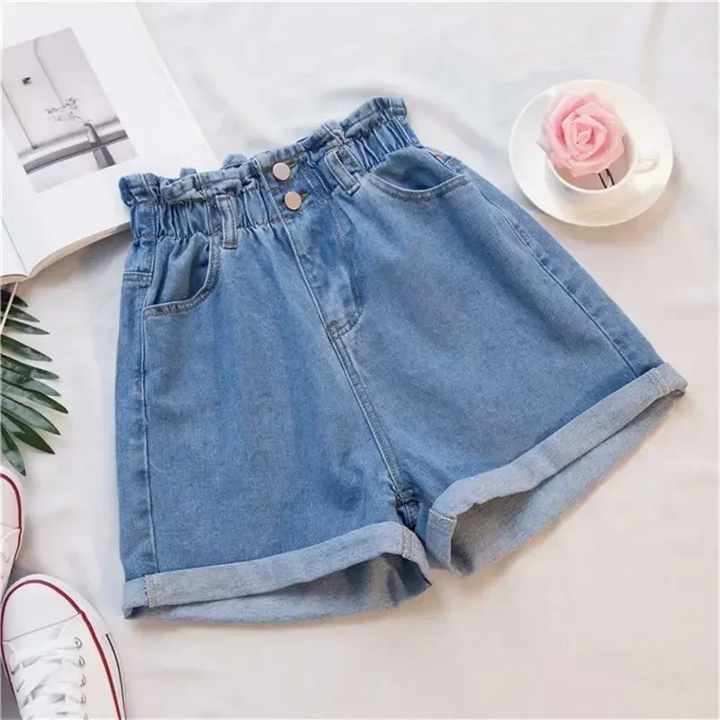 Summer Women's Shorts Korean Fashion Blue Cotton Denim Shorts Female Elastic Waist Loose Casual Wide Leg Shorts for Women