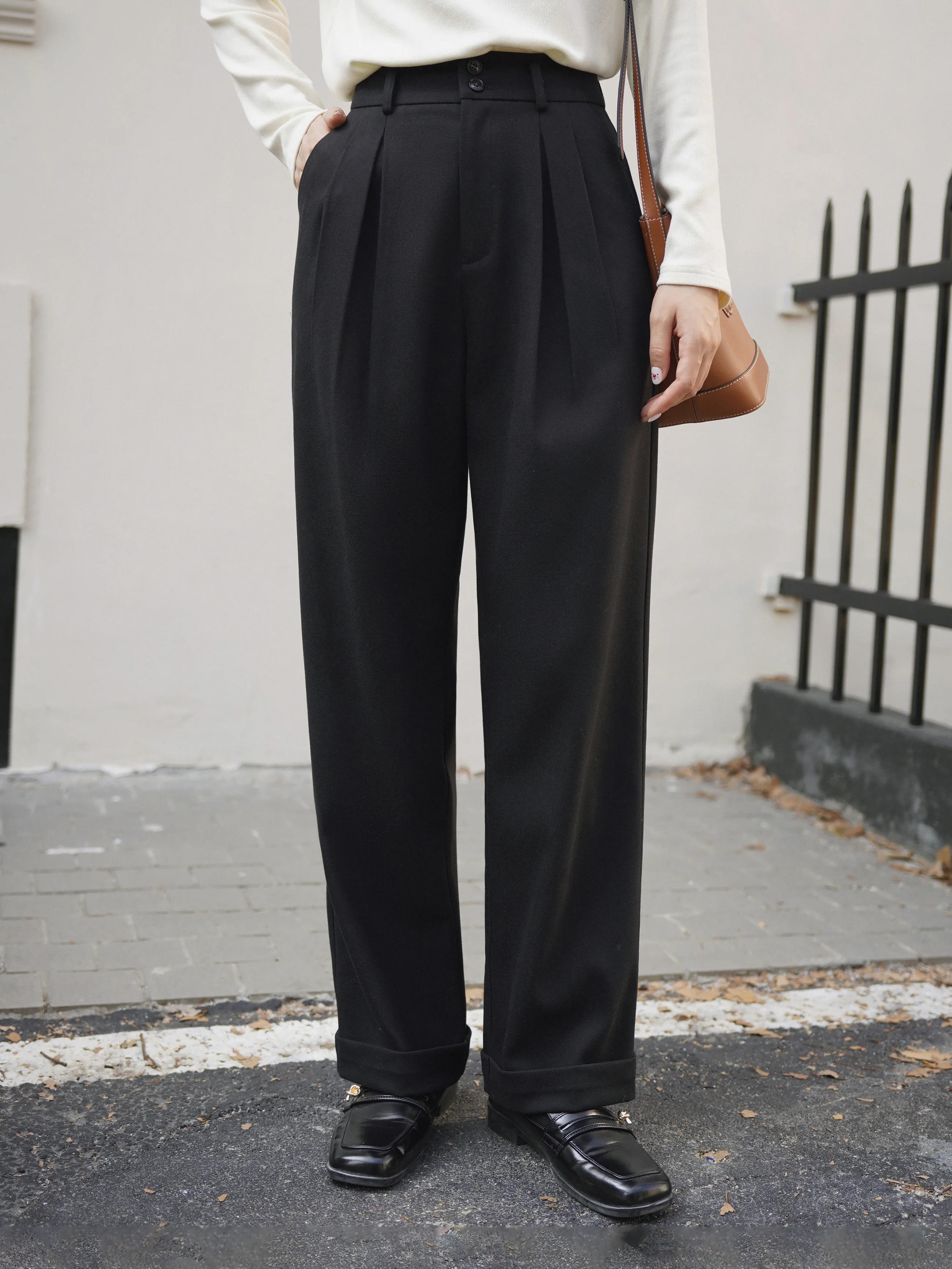 ハイウエストウール風パンツ レディース 厚手 暖かい ワイドレッグパンツ エレガント 冬用 ルーズフィット テーラードスラックス デイリーシックスタイル