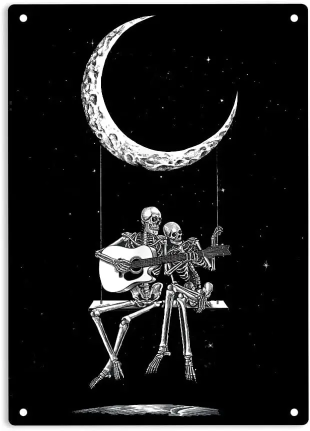 Skeleton Skuller Play Guitar in the Moon Sign Metal Tin Sign, Rocker Music Lover Poster for Home Office Bedroom Bars Pub Ma sign