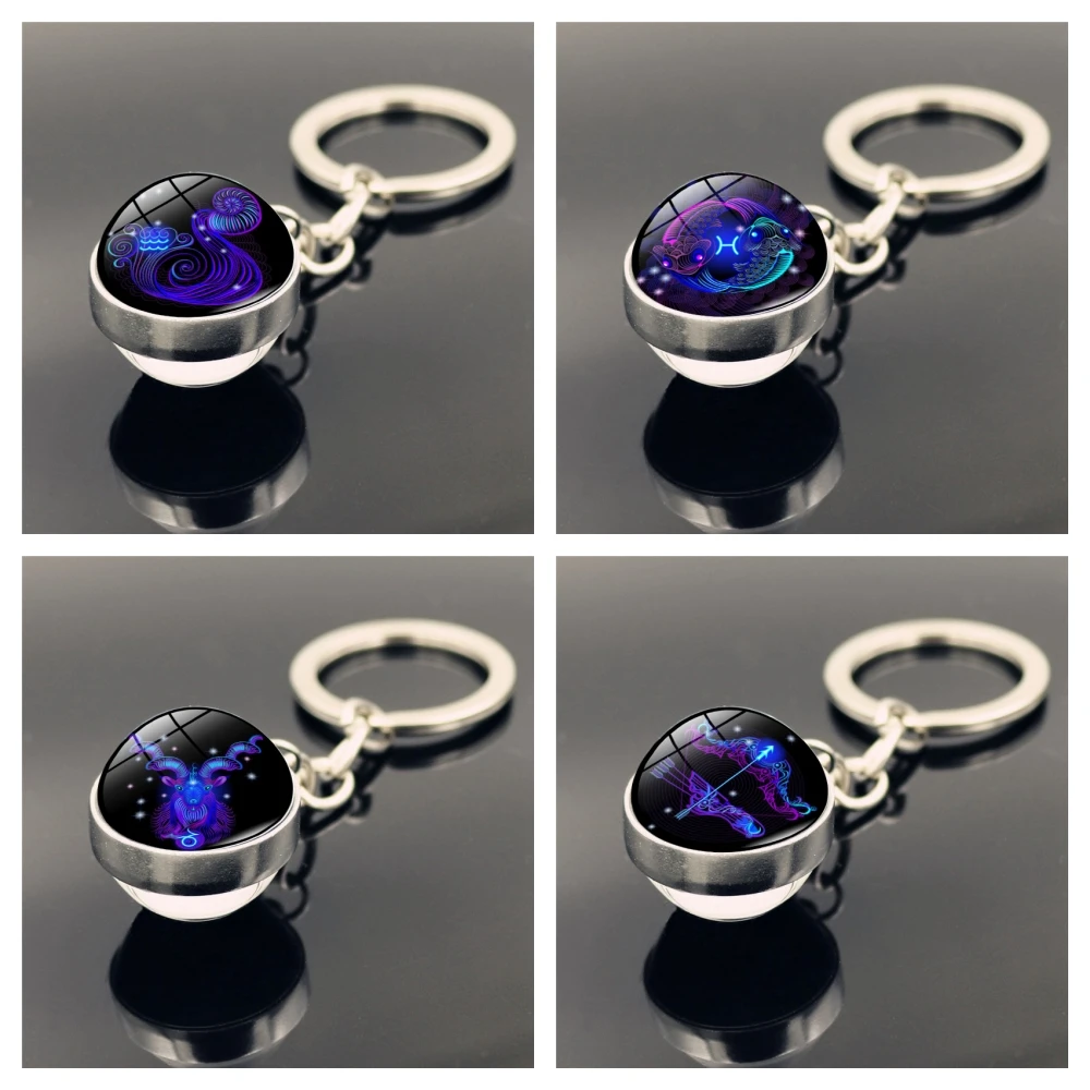 Popular Nightlight 12 Constellation Keychain Double Side Glass Cabochon Ball Keychain Zodiac Signs Jewelry for Women Men Gift