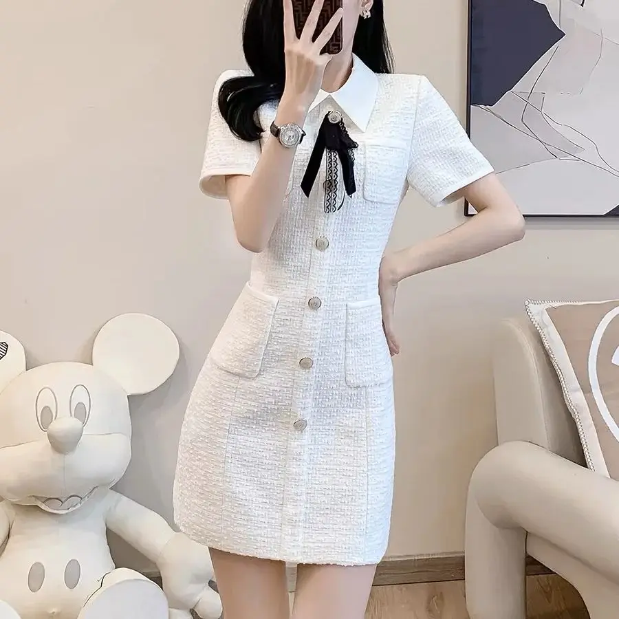 White Bow Pocket Buttons Short Sleevs A-line Dress For Women\'s Summer New Temperament French Waist Slimming Small Fragrant Style