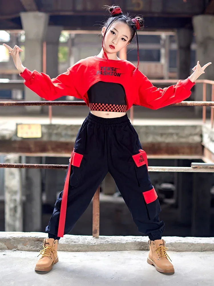 Teen Kids Fashion Streetwear Stage Outfit Girls Kpop Hip Hop Clothes Jazz Dance Costume Red Crop Tops Cargo Pants