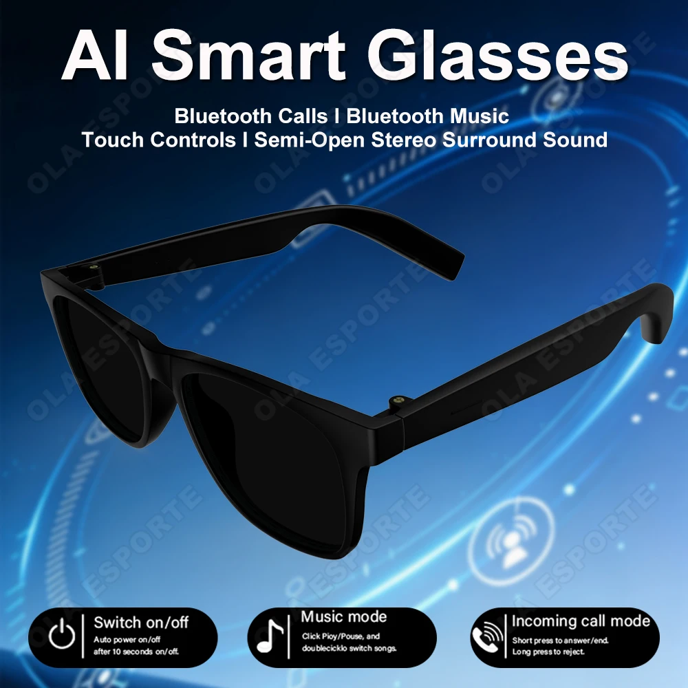 New Smart Glasses AI Voice Assistant Intelligent Bluetooth Call Glasses Touch Headset Real-time Sunscreen Sunglasses Man Women