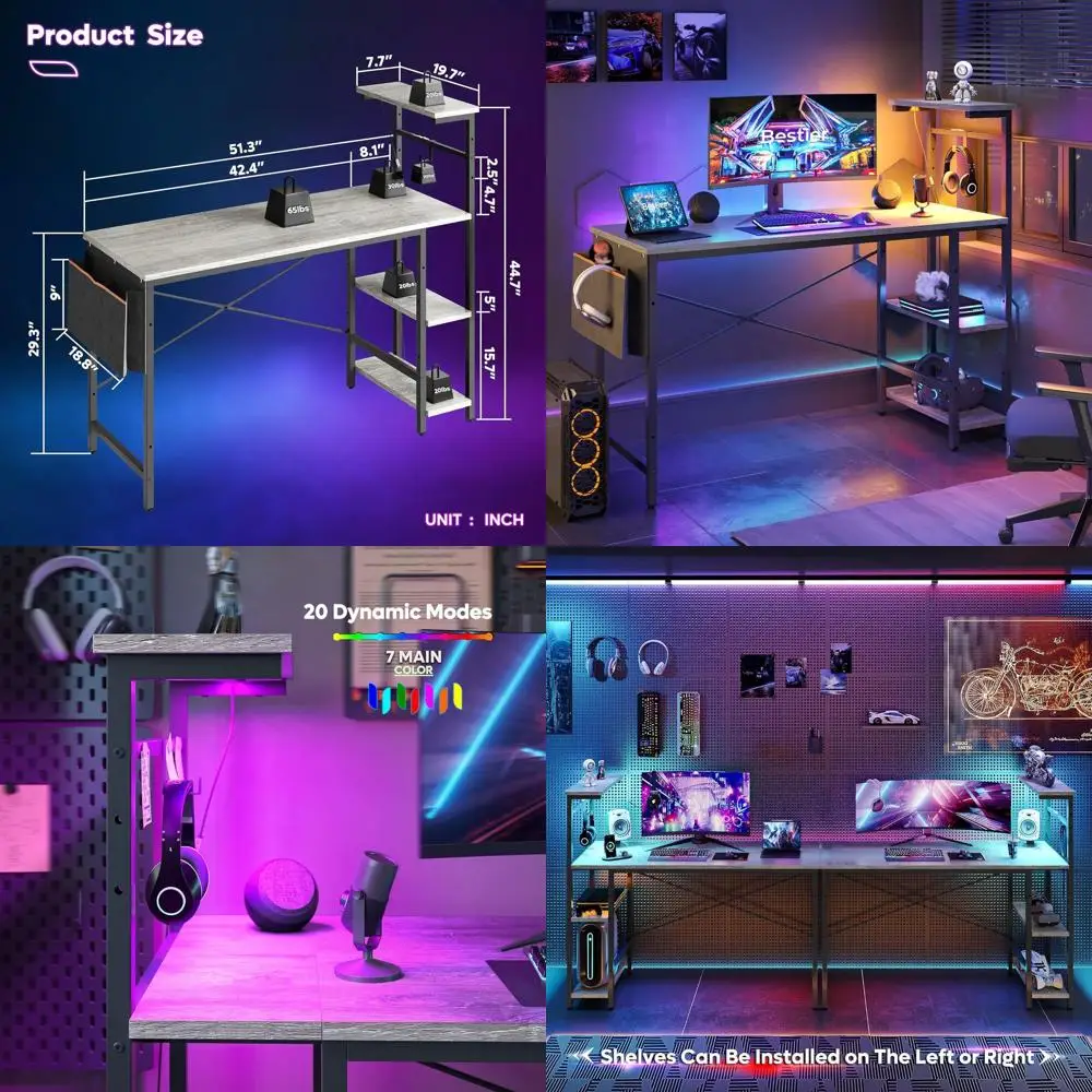 Mesa para jogos com luzes LED, mesa para computador de 51,3 polegadas com prateleiras reversíveis de 4 camadas, escrivaninha para escritório doméstico com armazenamento lateral
