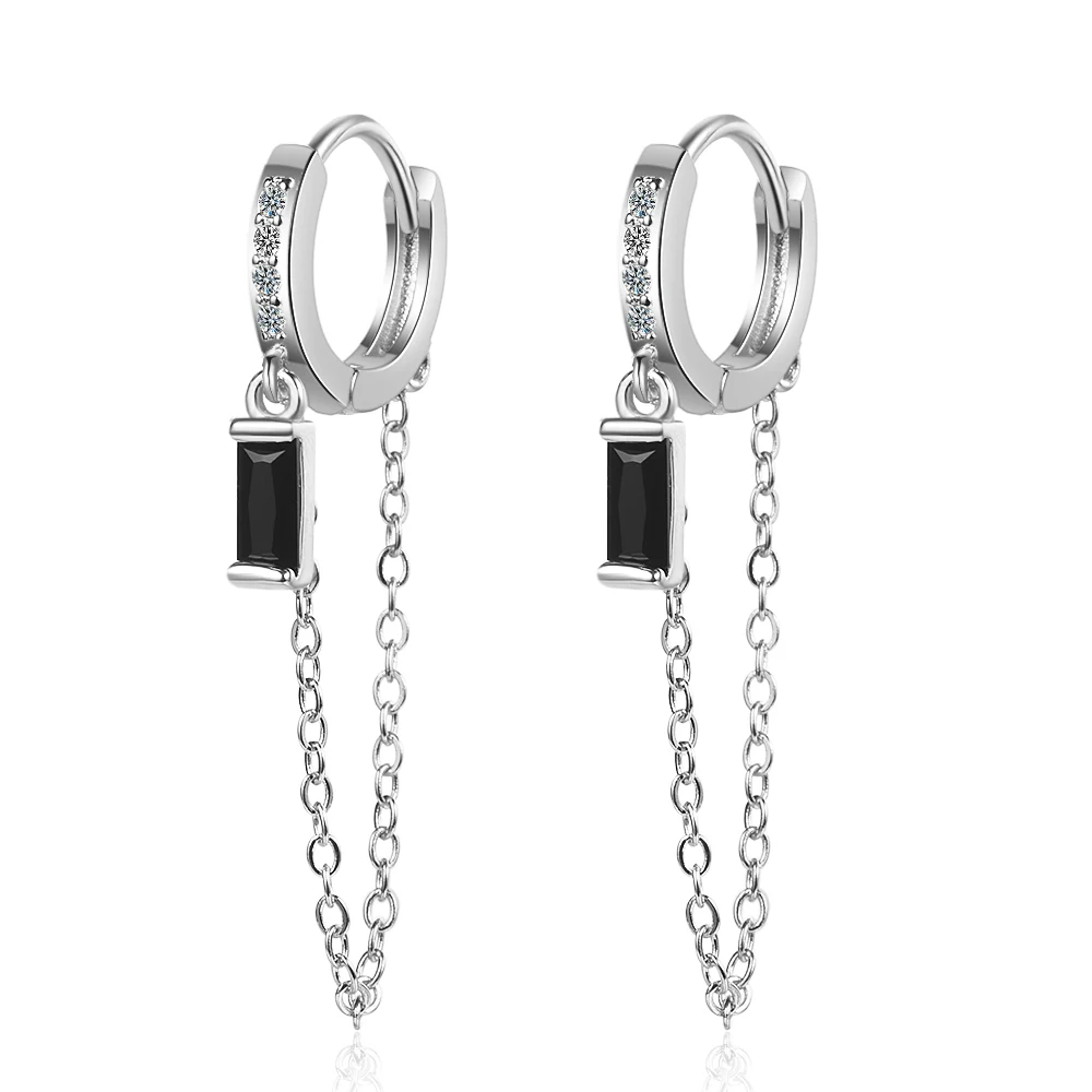 Pendientes de aro de Plata de Ley 925 auténtica para mujer, cadena de moda, CZ negro, regalo de boda y cumpleaños, joyería fina DG0004