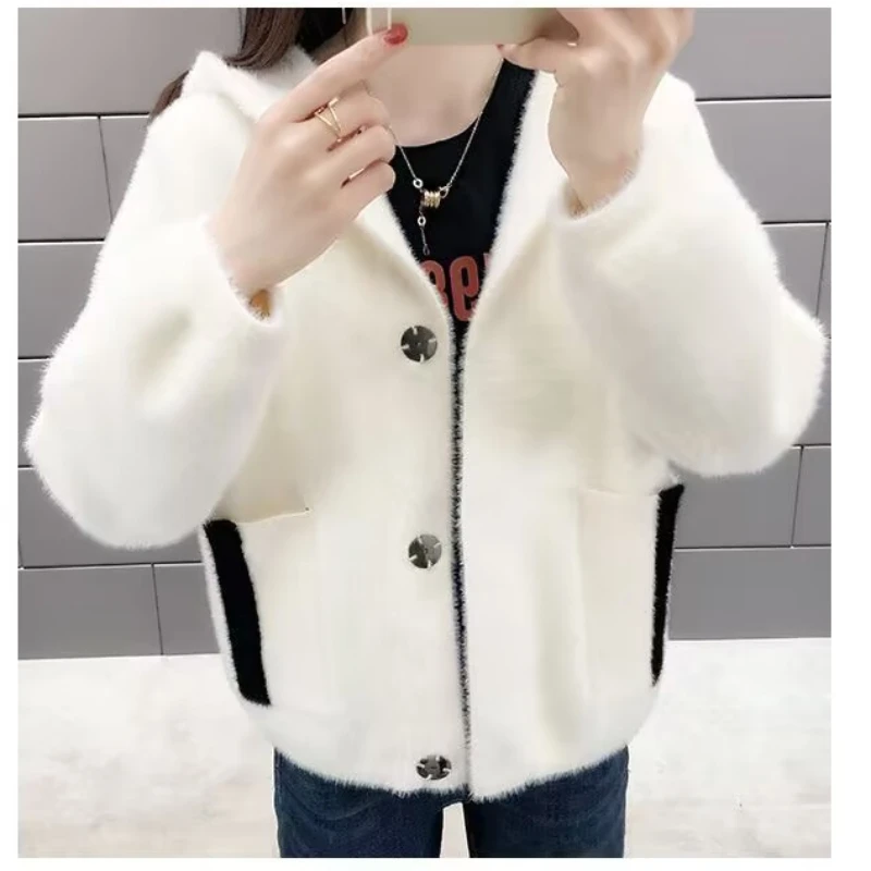 

Women's 2025 New Hooded Mink Fleece Cardigan Loose Sweater Jacket