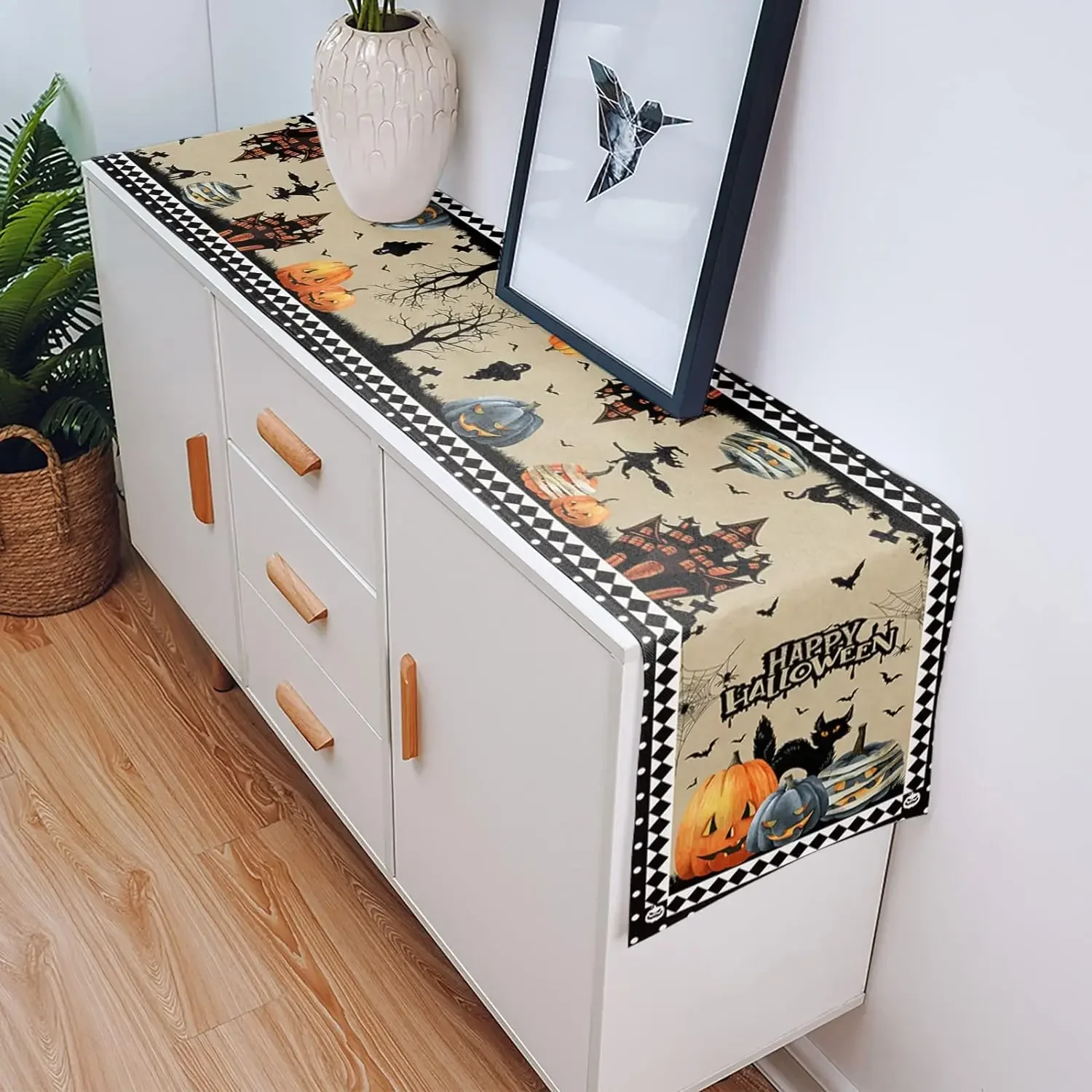 1Pc Halloween Style Table Runner Beige Black Witch Pumpkin Bat Happy Halloween Print Table Cover For Home Kitchen Party Decorati