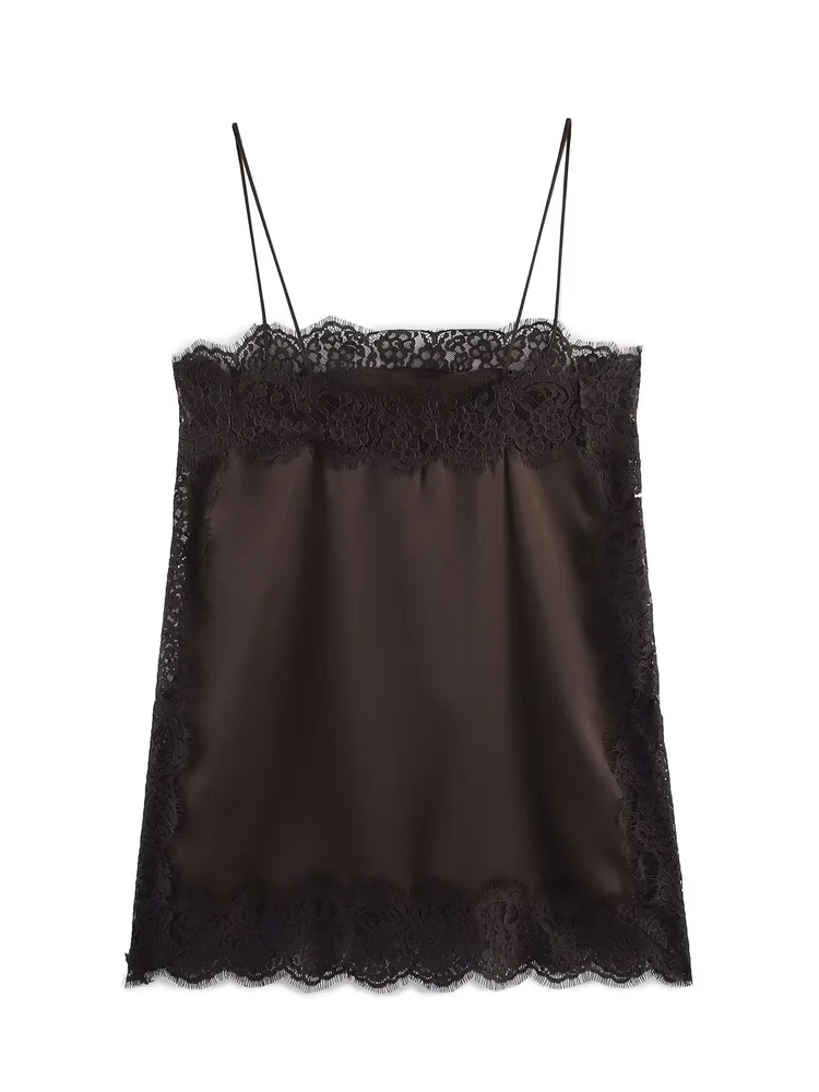 

Casual Sle Svel Lace Crop Top Women's Loose Fit Pure Color Splicing Strapl Vest round Ne Thin Material Outerwear