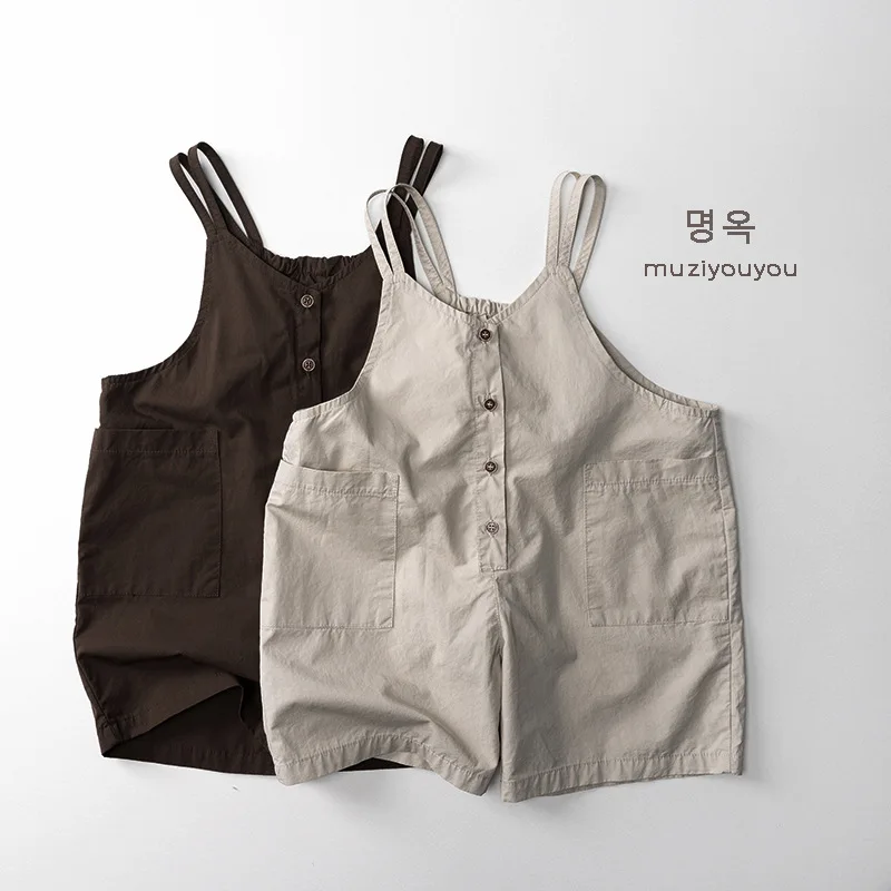 

2025 Summer New Children Loose Overalls Solid Versatile Girls Pocket Jumpsuit Cotton Kids Boys Casual Strap Shorts Baby Clothes