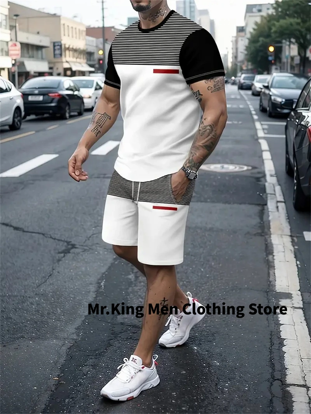 

2025 Summer Men's T-shirt Shorts Set 3D Striped Colour Blocking Printed Fashion Short Sleeve T-shirt Shorts Set Oversize Men set