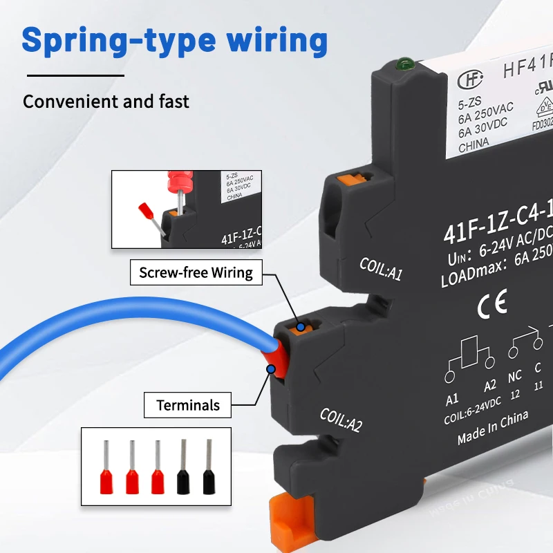 10pcs 41F-5-ZS 41F-12-ZS 41F-24-ZS Slim Relay Module With LED 6A DIN Rail Relay HF41F-5V/12V/24V