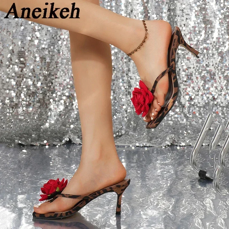 

Aneikeh Fashion Leopard Print Flower Flower Summer Women's Flip Flops Square Toe Thin Heels Sweet Sandals Party Mujeres Elegant