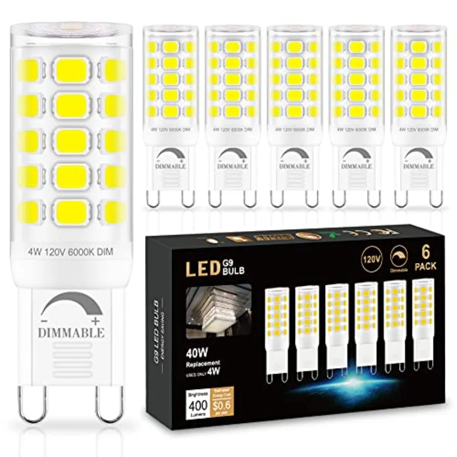 6 Pack G9 LED Bulb Dimmable, T4 4W G9 Replacement for 40 Watts Halogen, 400 Lumen, Ceramic Bi-Pin Base, 360°Beam Angle, 120V G9
