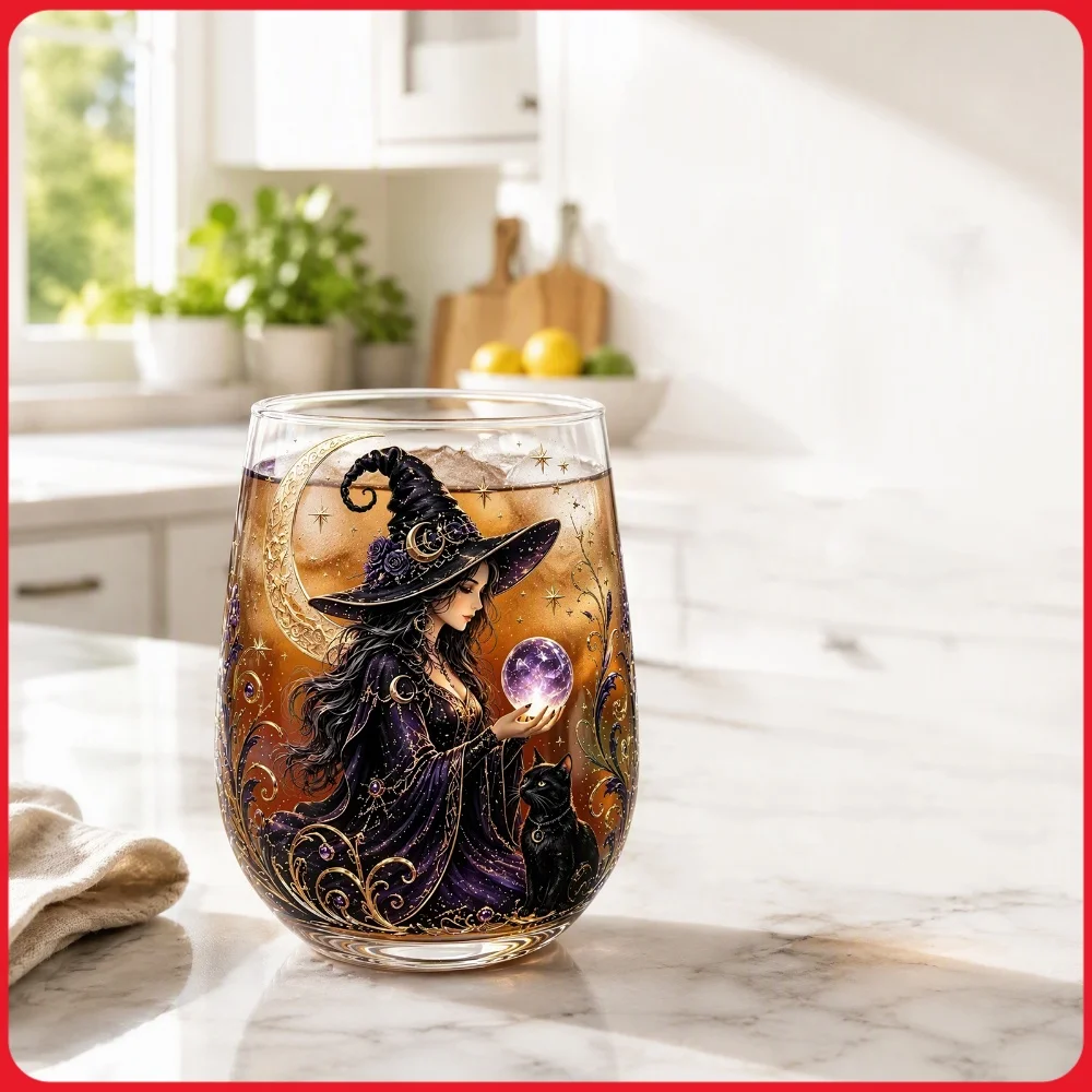 Witch Glass Cup Crystal Ball Pumpkin Moon Star Potion Occult Stemless Fantasy Halloween Cocktail Tumbler